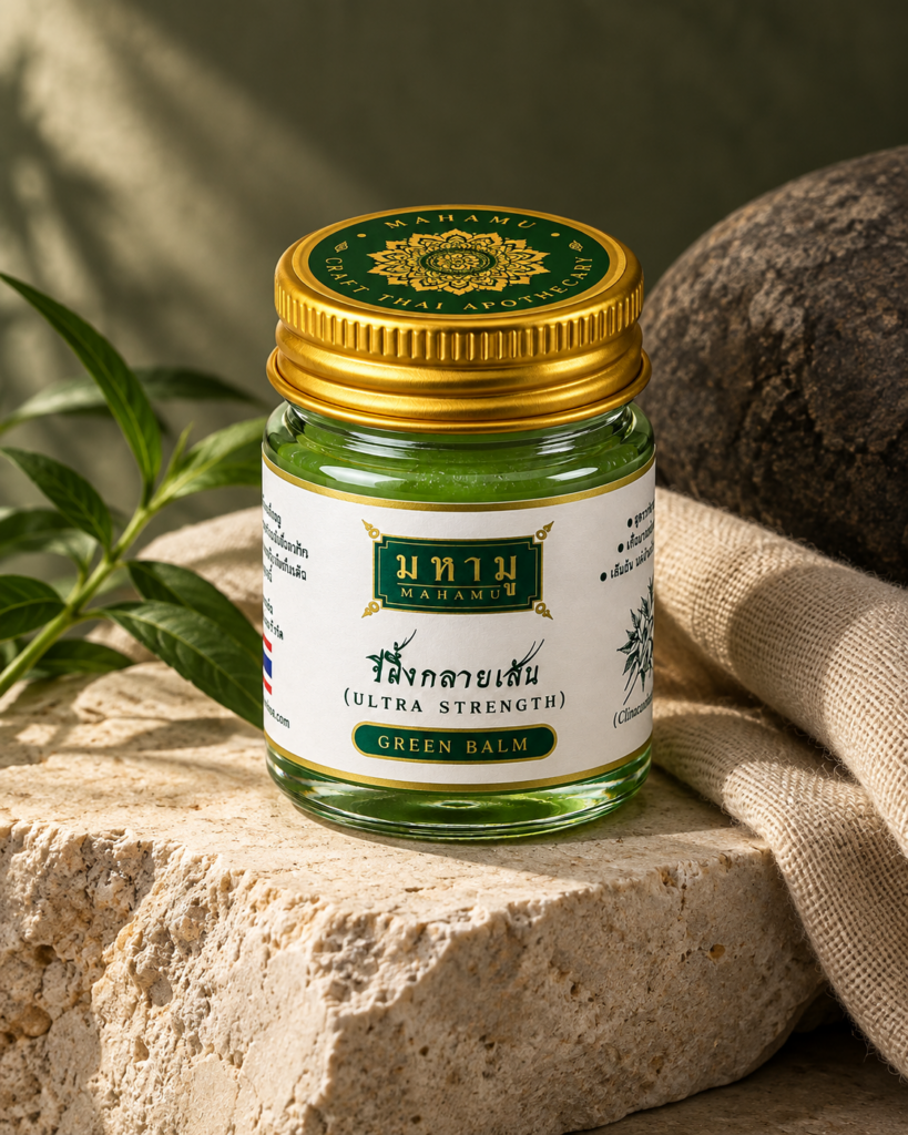 MAHAMU Green Balm Ultra Strength กระปุกบาล์มสีเขียวบนแท่นหิน