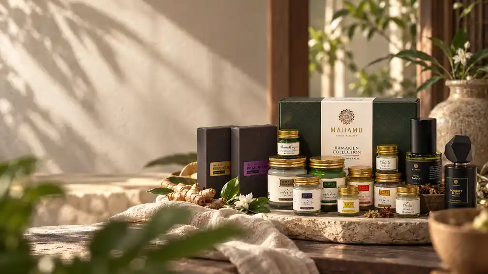 บรรยากาศ MAHAMU แบบ modern Thai apothecary ในแสงธรรมชาติ